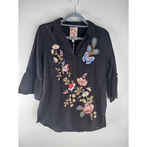 Johnny Was Ruffle Sleeve Henley Silk Tunic Embroidered Black Florrie Size S $255 - Picture 4 of 9